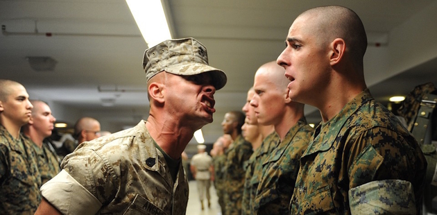 Big military recruiting shouting at the cadet